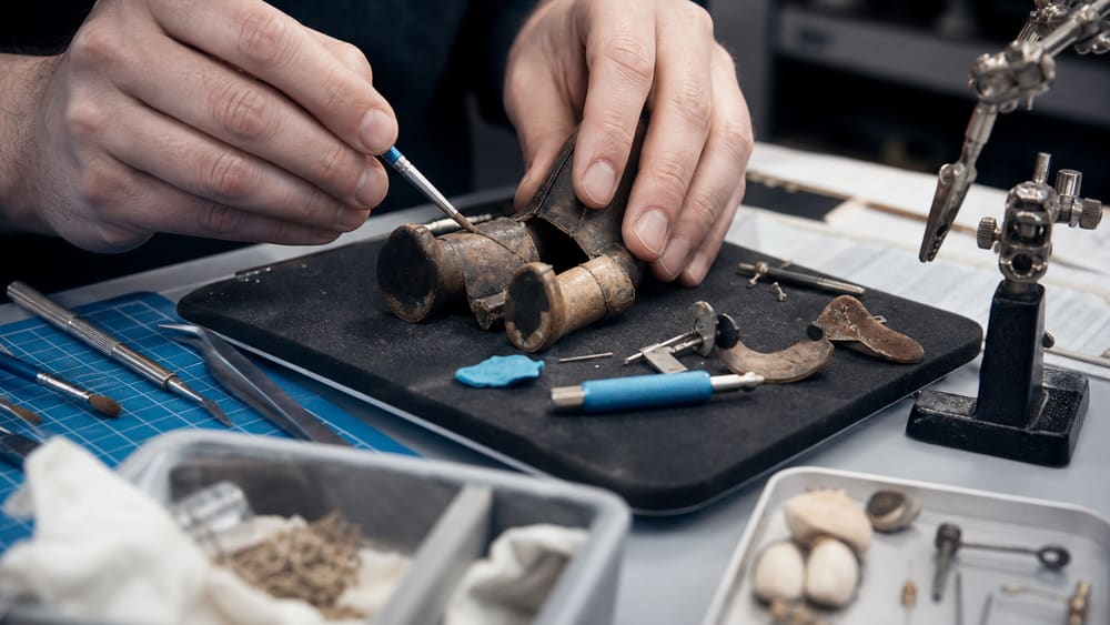 Hands carefully repairing a small handmade archive model on a specialist workbench.