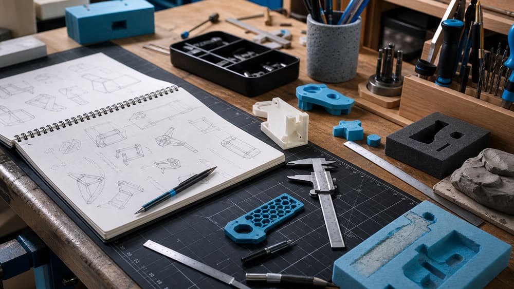 A maker bench with sketches, calipers, foam, tools and prototype parts.