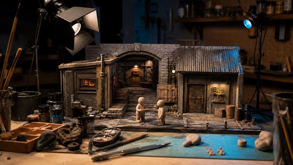 A handmade miniature set on a workshop bench with craft tools and studio lights.