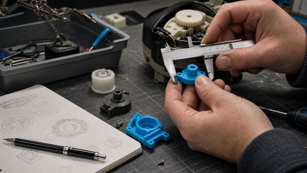 Hands measuring and test fitting a small replacement part on a
repair bench.