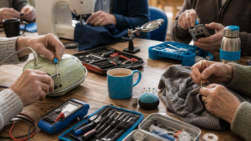 A community repair table with tools, fabric repair and small
household items being fixed.