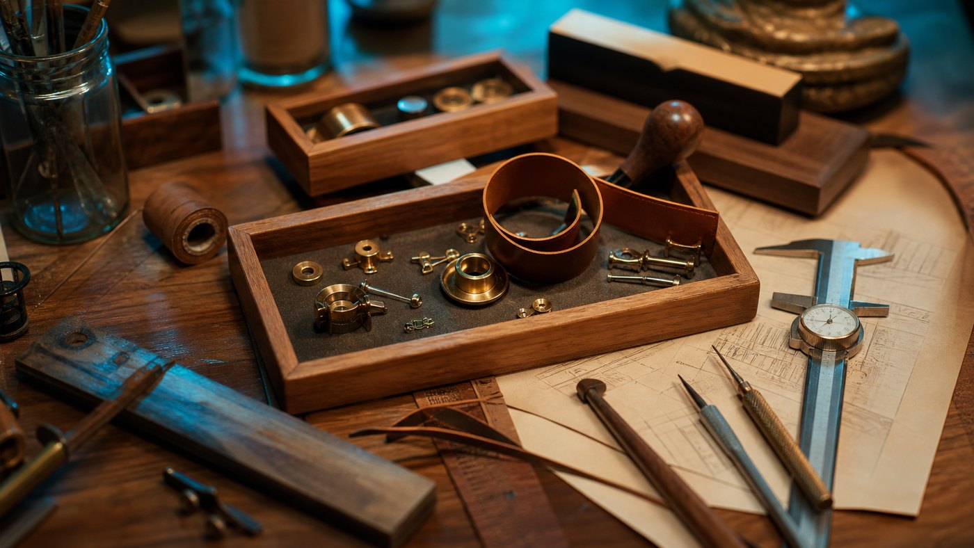 A restoration workbench with brass fittings, leather, measuring tools and sketches.