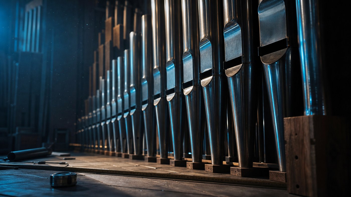Polished organ pipes with workshop lighting and precision measuring tools.