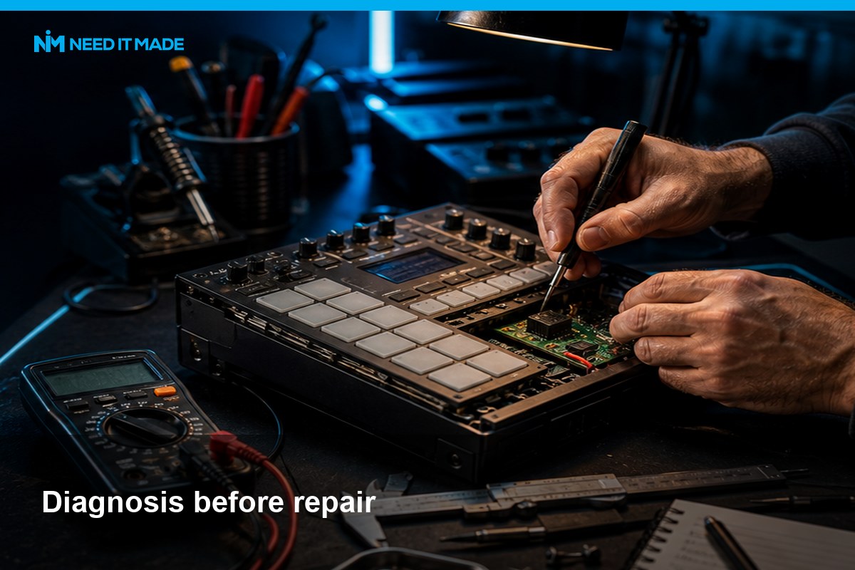 A photographic workshop scene showing close-up diagnosis of an electronic sampler on a repair bench.