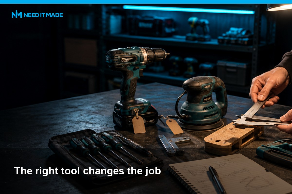 A dark workshop bench with borrowed tools laid out for a repair or making job.